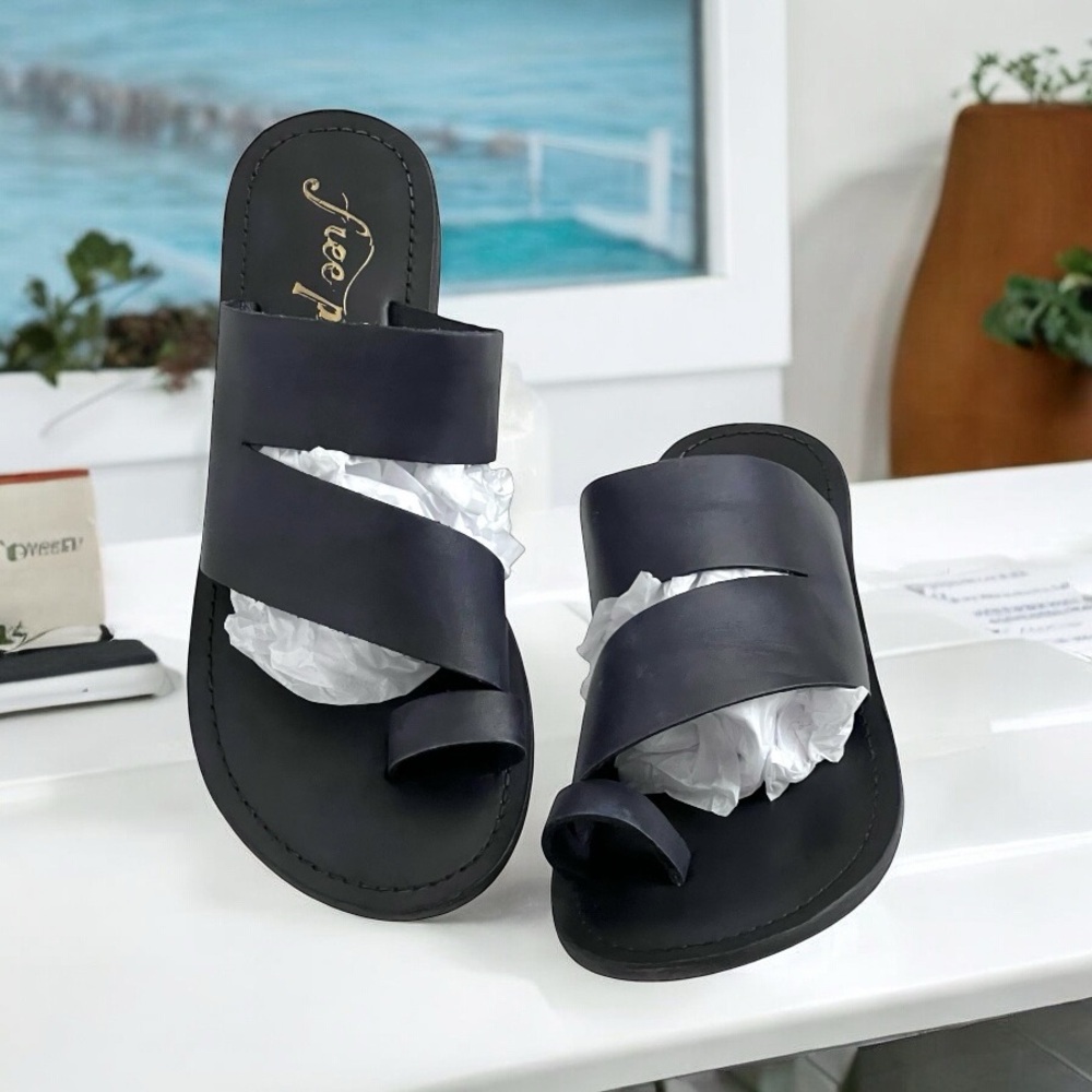 Free People Sandals Leather Loop Toe Black Wash Slide Abilene‎ EU 36